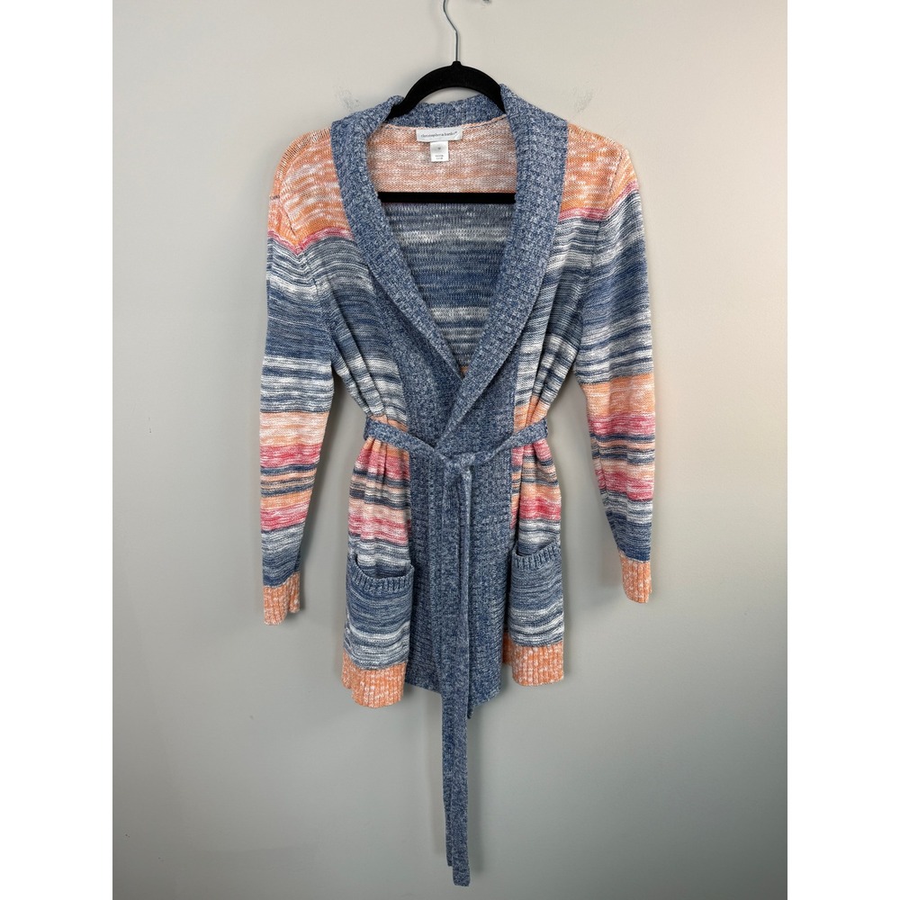 Christopher & Banks Belted Cardigan M Multicolor Striped Cotton Shawl Collar‎